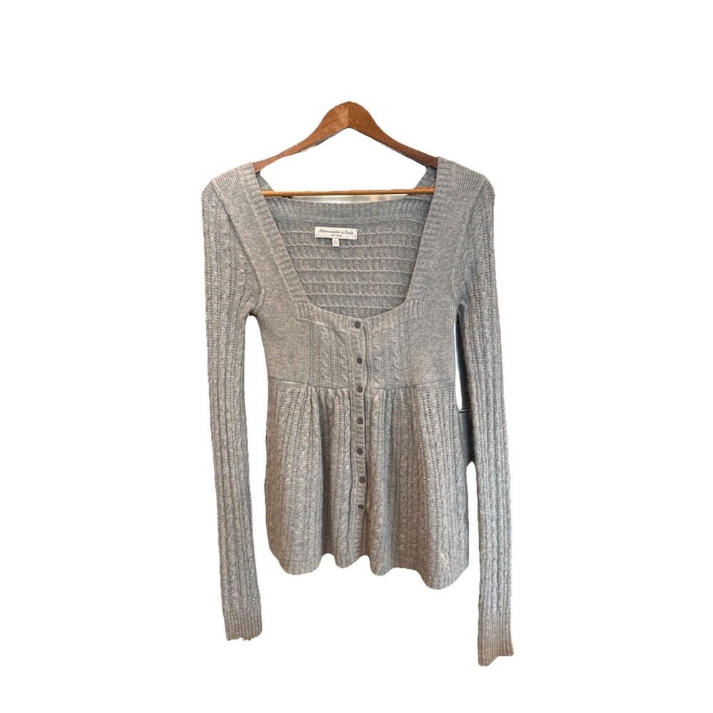 Abercrombie & Fitch Gray Cable Knit Babydoll Button Down Sweater Top SZ L Y2K